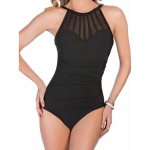 Magicsuit Womens 6* Black High Neck Mesh Slimming Ruched One Piece Swimsuit